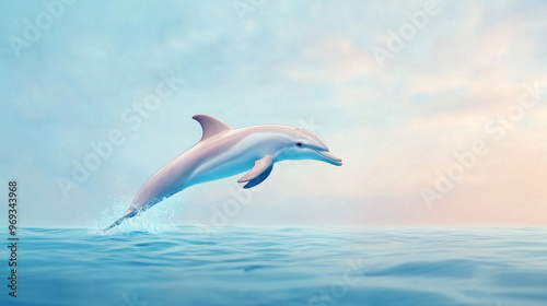 A playful dolphin leaps gracefully above shimmering ocean surface, showcasing its agility and joy in serene aquatic environment. soft pastel colors of sky enhance tranquil atmosphere.