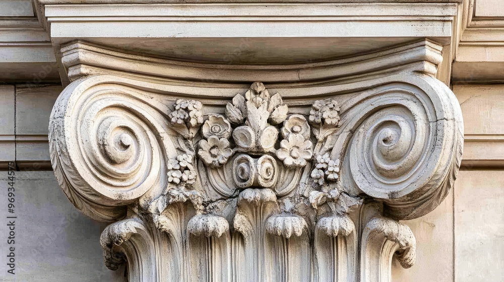 Naklejka premium Close-up of architectural details on a historic building, showcasing intricate stone carvings and ornate designs.