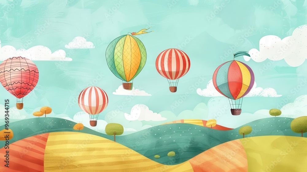 Fototapeta premium whimsical hot air balloons floating over colorful patchwork landscape childrens book illustration