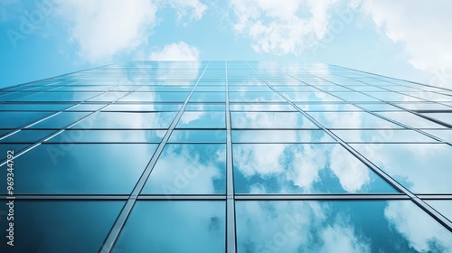 Close-up of glass and steel facade of a contemporary office building reflecting the sky.