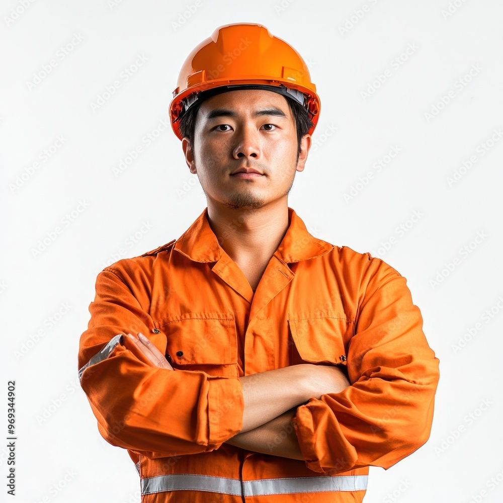 Industrial worker in an orange uniform and helmet clothing crossed male. Industrial worker in an orange uniform and helmet clothing crossed male.