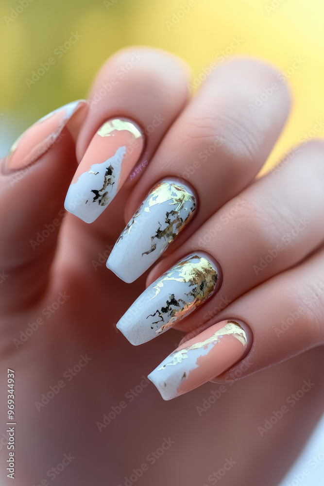 Creative unusual manicure of female nails. Hand on a simple colored background with copy space