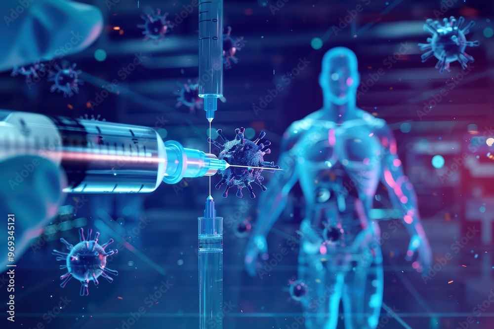 Fototapeta premium Futuristic injection concept illustrating vaccinations, medical technology, and virus interaction in a vibrant, digital environment.