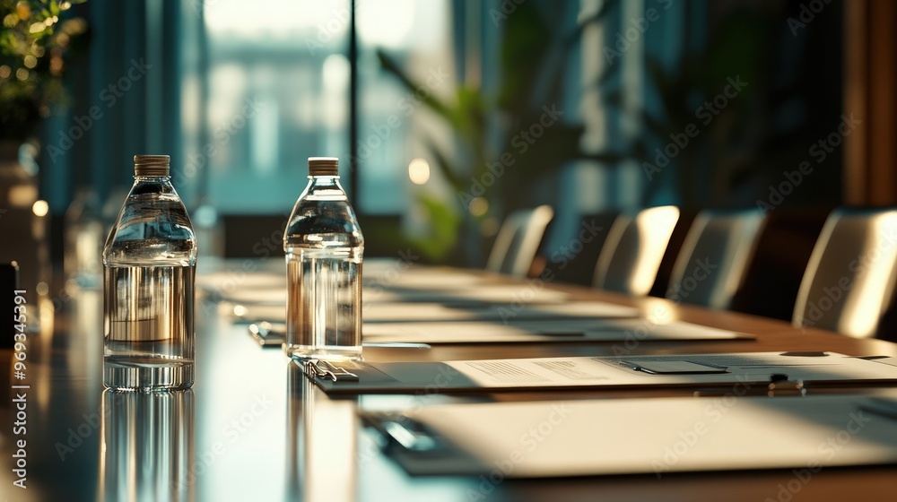 Conference table with neatly arranged documents and water bottles, ready for a meeting. No people present. Conference table with neatly arranged documents and water bottles, ready for a meeting. No people present.