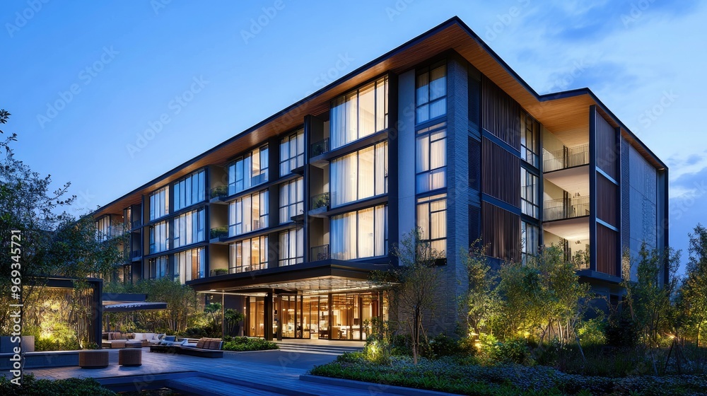Contemporary hotel building with a sleek design and large glass windows.