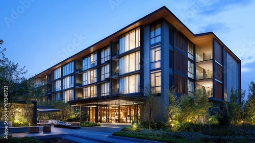 Obraz na płótnie Contemporary hotel building with a sleek design and large glass windows. w salonie