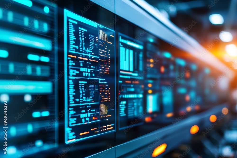 AI-powered system monitoring, transparent holographic data screens, dark futuristic factory environment AI-powered system monitoring, transparent holographic data screens, dark futuristic factory environment