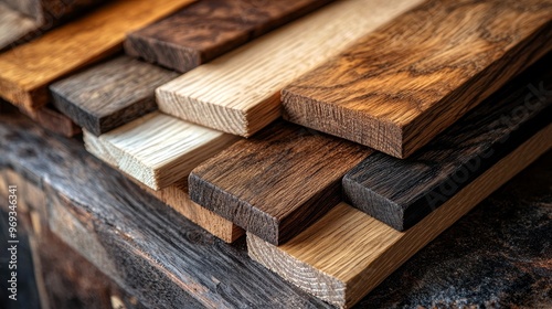 Display of rustic wood samples, featuring rich walnut and light oak. The complementary tones create a balanced and appealing visual contrast