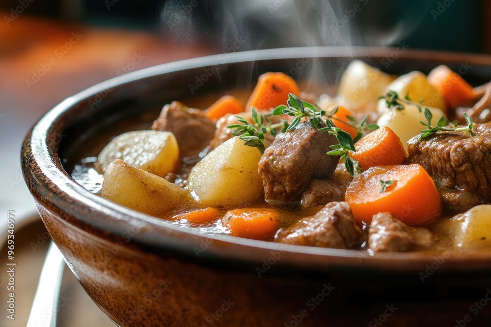A steaming bowl of beef stew filled with tender meat, potatoes, carrots, and herbs A steaming bowl of beef stew filled with tender meat, potatoes, carrots, and herbs