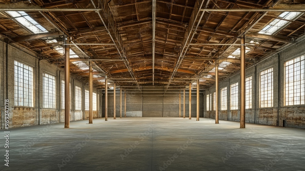 Empty warehouse interior with exposed beams and large open spaces, ready for new development. Empty warehouse interior with exposed beams and large open spaces, ready for new development.