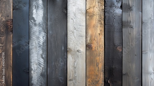 Grey-washed wood planks arranged in a monochromatic spectrum, from light ash to dark charcoal. Rustic textures highlight the wood's natural patterns in a seamless display