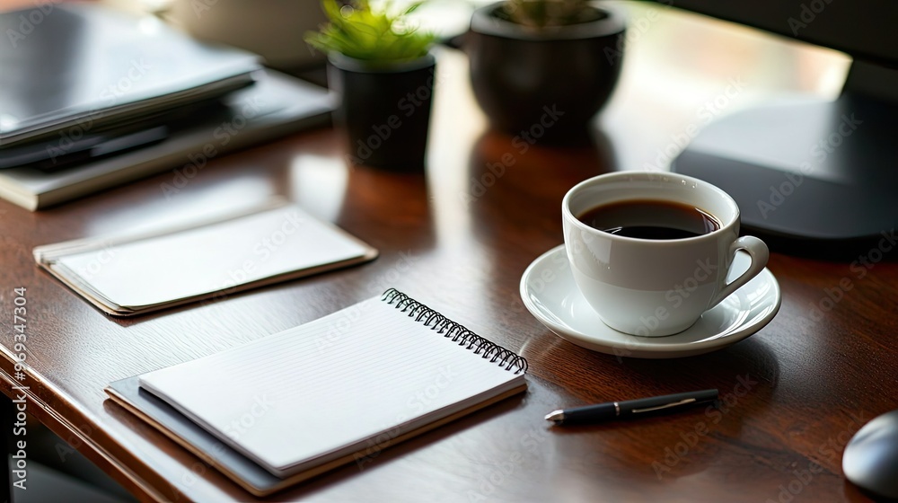 Empty workspace with a cup of coffee, a notepad, and a pen, ready for a productive day of business. Empty workspace with a cup of coffee, a notepad, and a pen, ready for a productive day of business.