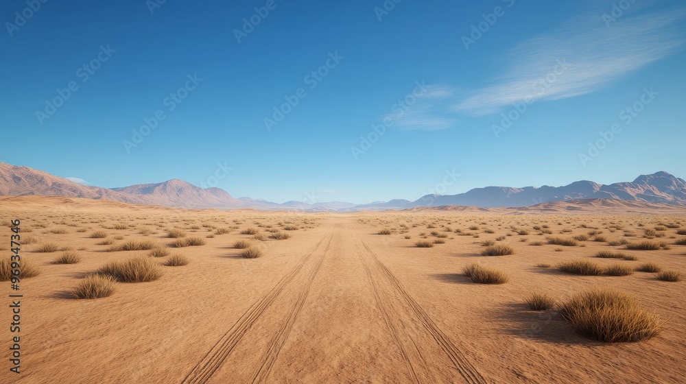 A desolate desert landscape with a dirt road stretching into the distance under a clear blue sky. A desolate desert landscape with a dirt road stretching into the distance under a clear blue sky.