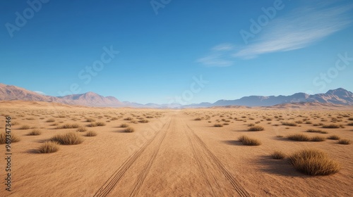 A desolate desert landscape with a dirt road stretching into the distance under a clear blue sky.