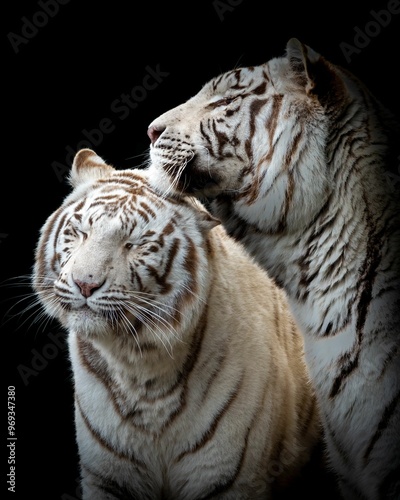 Canvas Print Majestic white tigers with striking stripes against black background