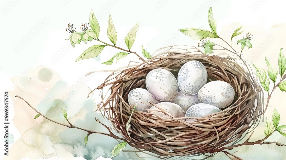 Obraz premium whimsical watercolor illustration of a cozy birds nest with delicate eggs natureinspired art