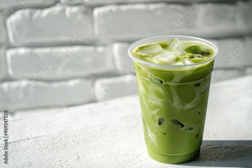 Iced matcha latte with ice cubes in clear cup placed on white surface against white brick background