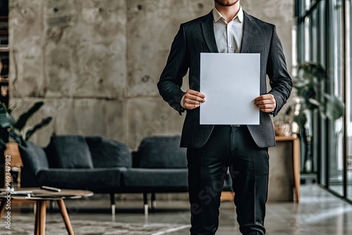 A professional man in a suit holds a blank sheet of paper in an elegant office space, showcasing confidence and readiness. photo