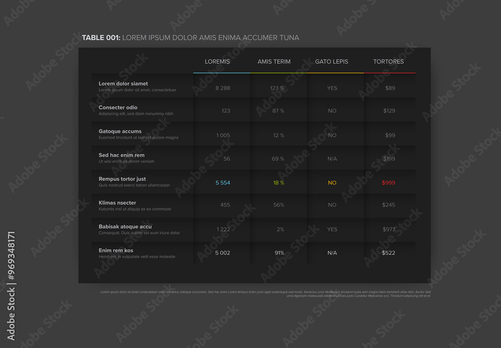 Table Example Color Simple Simple dark flat color data table layout template with light shadows ...