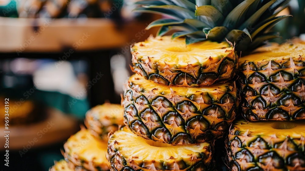 Fototapeta premium Freshly cut pineapple rings stacked on top of each other, revealing their juicy and sweet interior.