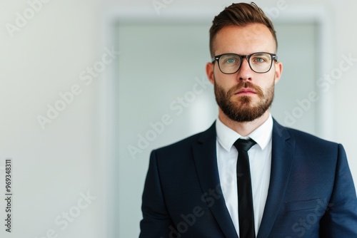 Portrait of a confident businessman wearing a suit, standing with arms crossed in a modern office. Professional and focused expression.