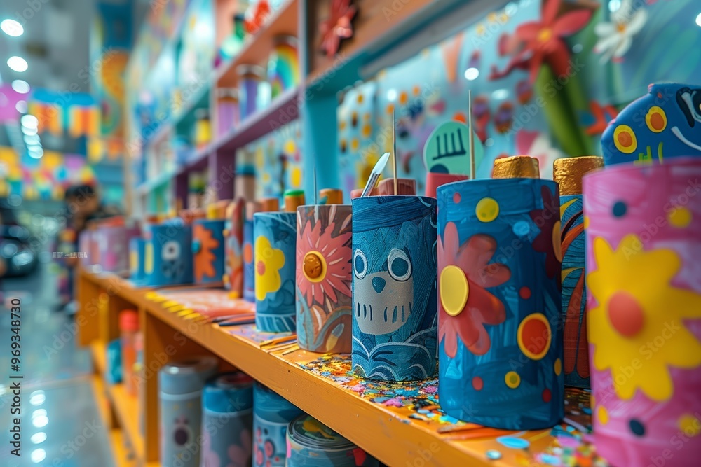 Fototapeta premium Colorful decorative items displayed in a vibrant arts and crafts store during a lively afternoon
