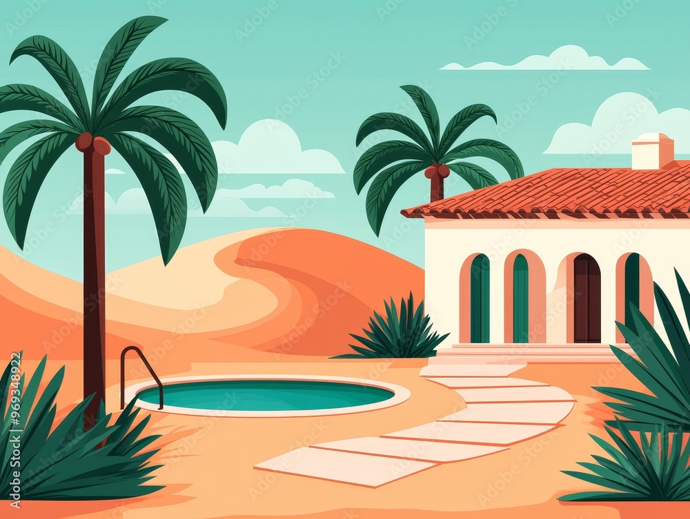Obraz premium A white house with a red roof, palm trees, and a pool in a desert setting.