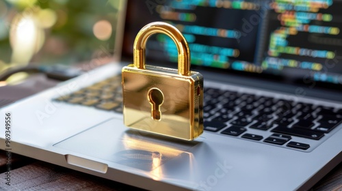 A golden padlock sits on a laptop keyboard, symbolizing security and protection in digital environments.
