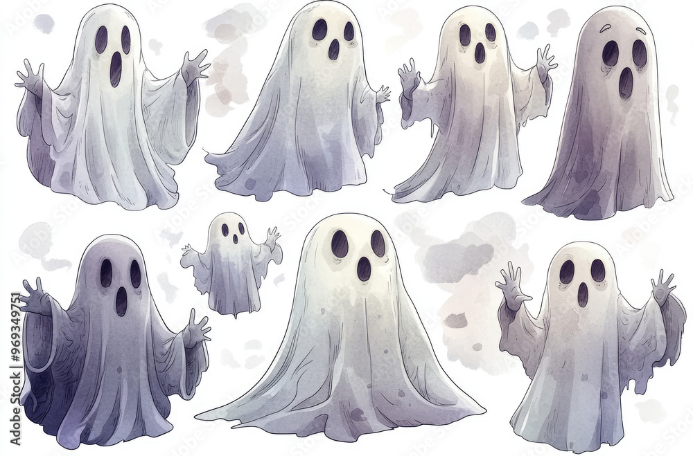 A Set of Ghost Illustrations in Various Poses for a Playful Halloween Scene A Set of Ghost Illustrations in Various Poses for a Playful Halloween Scene