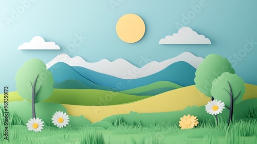 spring paper art, landscape design background