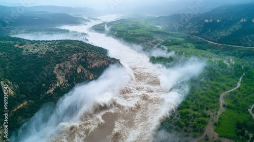 Floodwaters rage through a canyon, carving new paths and sweeping away everything in their wake as the forces of nature reshape the landscape with unyielding power. photo