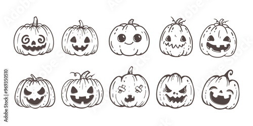 halloween pumpkin icons set. Halloween pumpkin coloring page for kids. Black and white illustration.