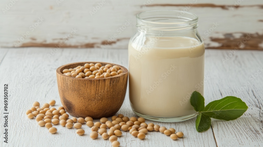 Soy Milk in Jar with Soybeans and Leaves Soy Milk in Jar with Soybeans and Leaves
