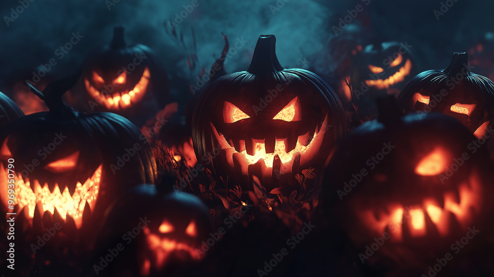 Fototapeta premium A group of pumpkins with their mouths wide open, creating a spooky