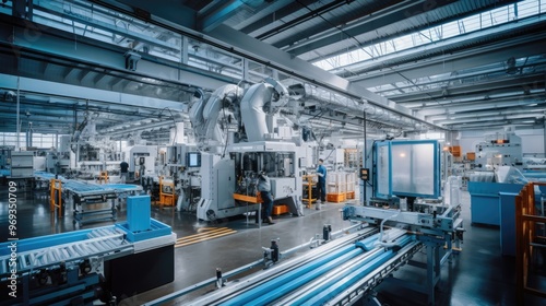 A modern plastic manufacturing plant with large machines molding plastic products, featuring intricate conveyor belts and workers in protective gear.