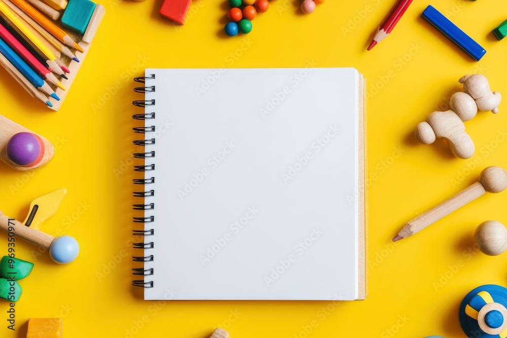 Top view to blank open sketchbook notebook with colored pencils and educational wooden kid toys and on yellow background. Early education, kindergarten, preschool, with generative ai Top view to blank open sketchbook notebook with colored pencils and educational wooden kid toys and on yellow background. Early education, kindergarten, preschool, with generative ai