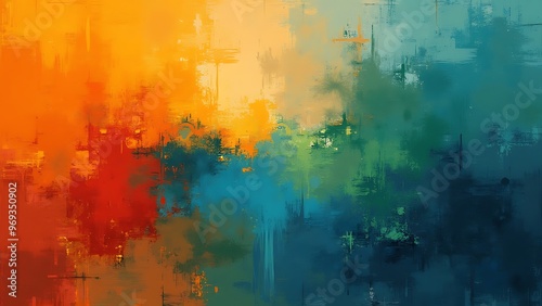 Vibrant abstract art with dynamic colors and textures, perfect for modern decor. This artwork showcases a blend of bold hues and intricate patterns. photo