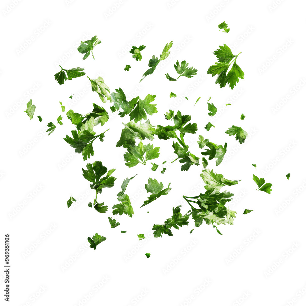 Freshly chopped parsley floating in the air isolated transparent background Freshly chopped parsley floating in the air isolated transparent background