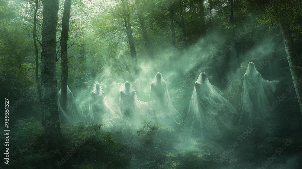 Obraz premium A group of ghostly figures are walking through a forest