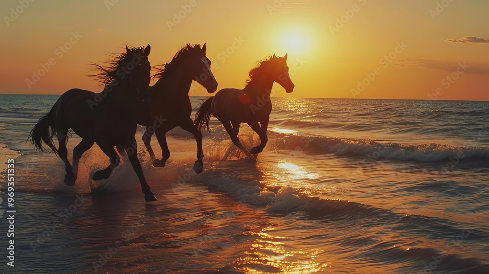 wild horses galloping on beach at sunset majestic freedom and untamed spirit cinematic seascape wild horses galloping on beach at sunset majestic freedom and untamed spirit cinematic seascape