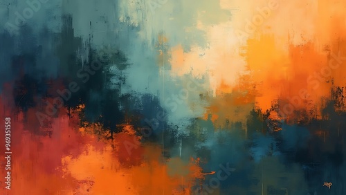 Vibrant abstract art with dynamic colors and textures, perfect for modern decor. This artwork showcases a blend of bold hues and intricate patterns. photo