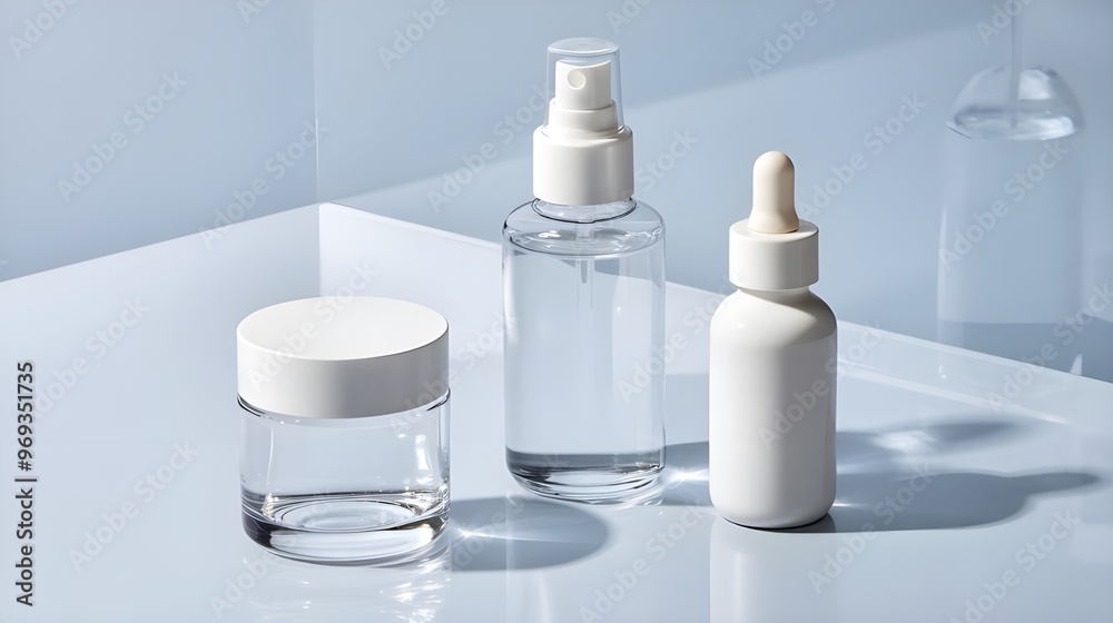 Cosmetic Bottles Mockup On Blue Background Cosmetic Bottles Mockup On Blue Background