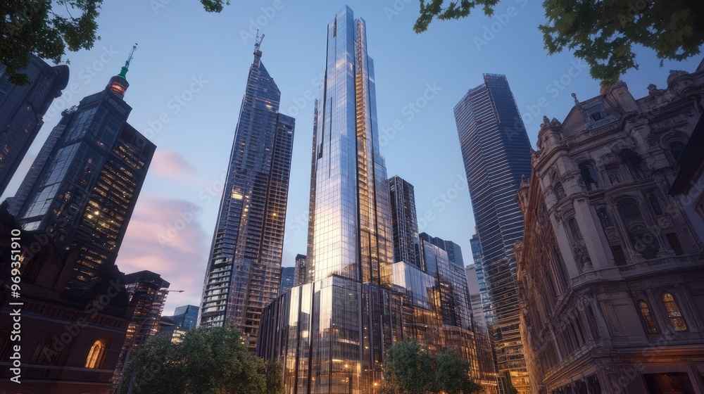 Obraz premium Iconic tower surrounded by historic buildings, a blend of old and new architecture.