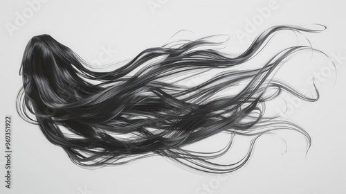 windswept tresses dramatic 3d rendering of long flowing hair caught in motion against a stark white backdrop hyperrealistic detail emphasizes texture and movement