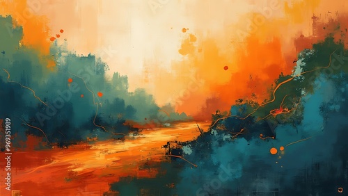 Vibrant abstract art with dynamic colors and textures, perfect for modern decor. This artwork showcases a blend of bold hues and intricate patterns. photo