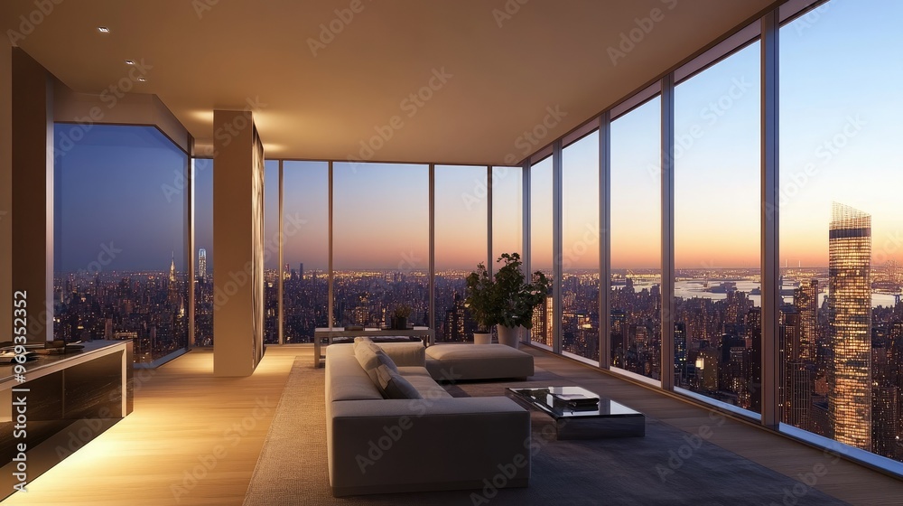 Luxury apartment building with floor-to-ceiling windows and panoramic city views Luxury apartment building with floor-to-ceiling windows and panoramic city views
