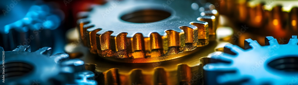 Golden and Blue Gears Photo: Close-Up View of Interlocking Cogwheels Golden and Blue Gears Photo: Close-Up View of Interlocking Cogwheels