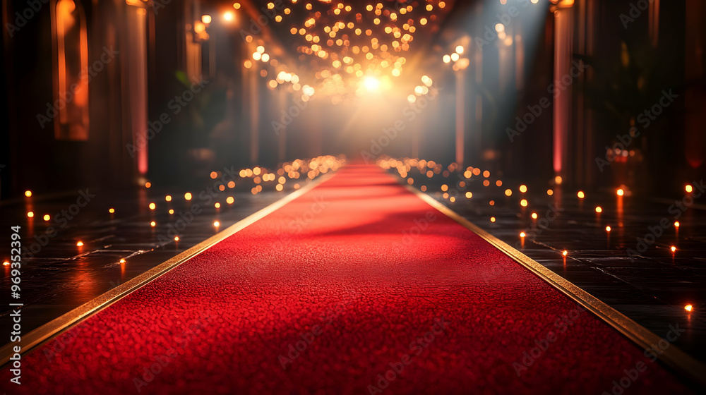 A beautifully lit red carpet pathway adorned with candles, creating an elegant atmosphere. A beautifully lit red carpet pathway adorned with candles, creating an elegant atmosphere.