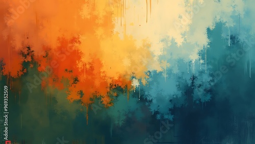 Vibrant abstract art with dynamic colors and textures, perfect for modern decor. This artwork showcases a blend of bold hues and intricate patterns. photo