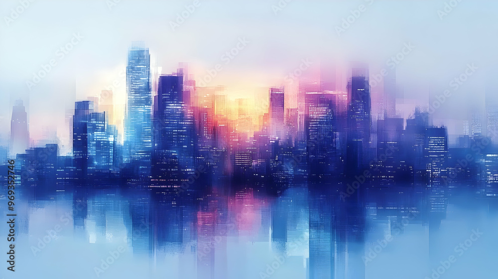 A blurred city skyline at sunset, reflecting on water, creating a serene atmosphere. A blurred city skyline at sunset, reflecting on water, creating a serene atmosphere.